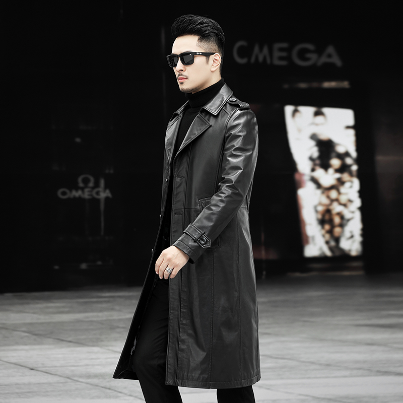 希努派希努派【绵羊皮】真皮皮衣男长款过膝皮风衣修身绵羊皮大衣外套