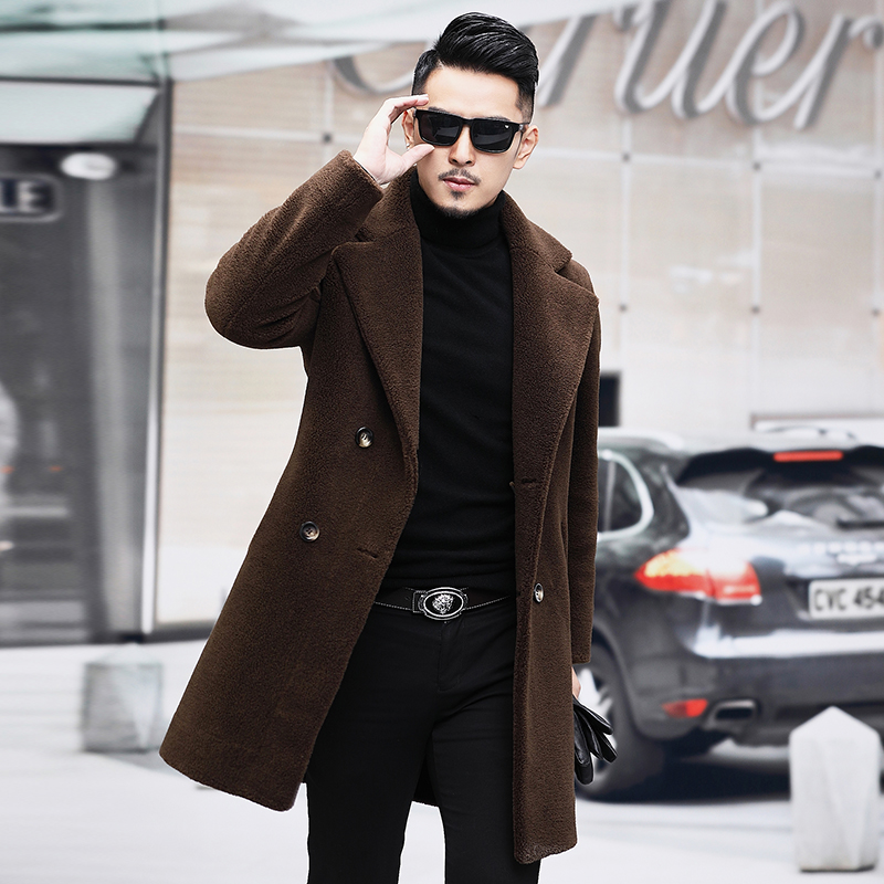 希努派希努派【100%羊毛】 双面穿羊剪绒男西装领中长款羊羔毛皮草